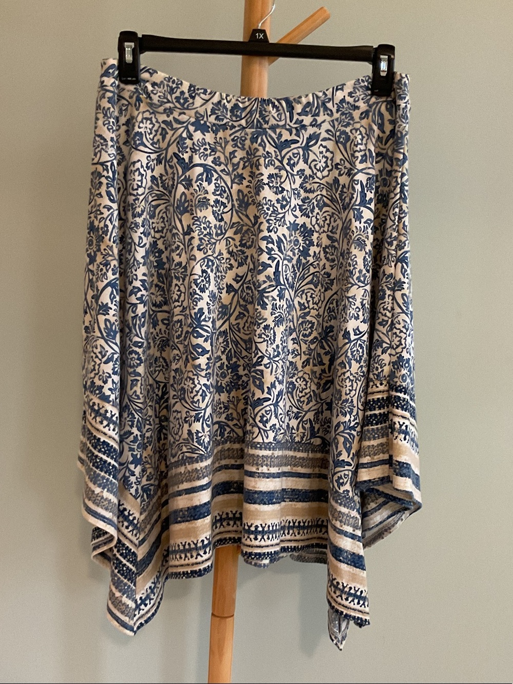 Cato Blue and Tan Asymmetrical Floral Handkerchief Skirt